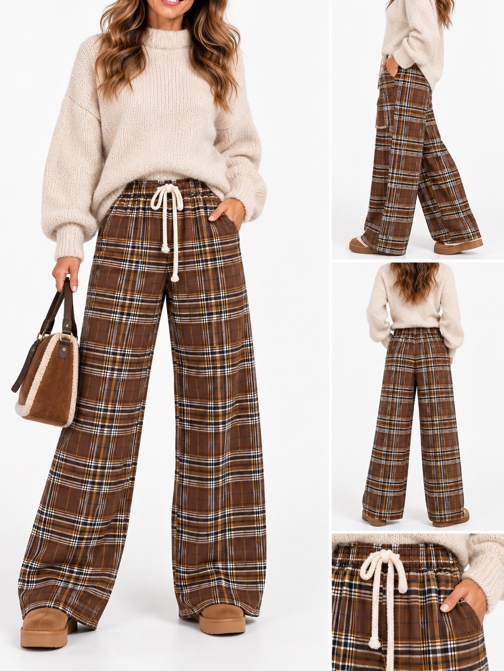 122.New Wide-Leg Plaid Drawstring Pants - Brown